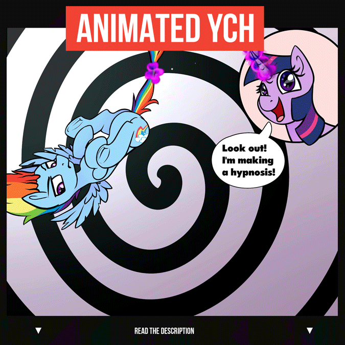 Size: 675x675 | Tagged: safe, artist:cornelia_nelson, artist:lazy_daissy, character:rainbow dash, character:twilight sparkle, species:pegasus, species:pony, advertisement, animated, commission, gif, levitation, magic, rainbow dash is not amused, tail, tail pull, telekinesis, text, unamused, ych animation, ych example, your character here
