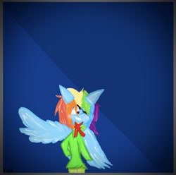 Size: 828x822 | Tagged: safe, artist:kittycatrittycat, character:rainbow dash, species:pegasus, species:pony, blushing, bow, clothing, female, i tried, multicolored hair, semi-anthro, shading, solo