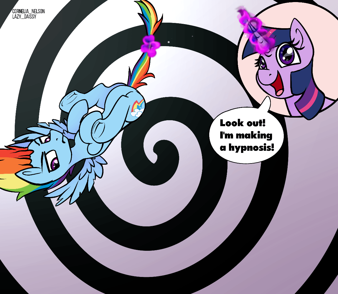 Size: 1147x1000 | Tagged: safe, artist:cornelia_nelson, artist:lazy_daissy, character:rainbow dash, character:twilight sparkle, species:pegasus, species:pony, animated, commission, duo, female, frog (hoof), gif, hanging by tail, hypnosis, levitation, magic, mare, pendulum swing, rainbow dash is not amused, spiral, tail, tail pull, telekinesis, text, unamused, underhoof, ych animation, ych example, your character here