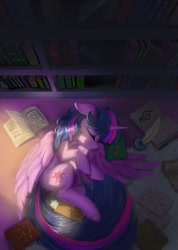 Size: 769x1080 | Tagged: safe, artist:tinybenz, character:twilight sparkle, character:twilight sparkle (alicorn), species:alicorn, species:pony, book, bookshelf, cute, eyes closed, female, ink, inkwell, library, mare, paper, profile, quill, sleeping, solo, twiabetes