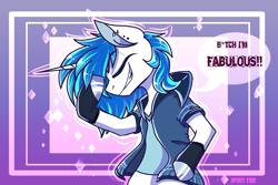 Size: 2400x1600 | Tagged: safe, artist:spirit-fire360, character:dj pon-3, character:vinyl scratch, species:pony, species:unicorn, clothing, eyes closed, horn, long horn, semi-anthro, vulgar