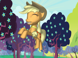 Size: 2000x1500 | Tagged: safe, artist:prismicdiamondart, character:applejack, species:earth pony, species:pony, 3d, clothing, eyes closed, female, grin, hat, jewelry, jumping, necklace, pony creator, ponylumen, smiling, solo