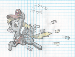 Size: 2745x2100 | Tagged: safe, artist:mlplayer dudez, character:derpy hooves, species:pegasus, species:pony, box, cel shading, cheek fluff, chest fluff, clothing, colored, ear fluff, envelope, female, fluffy, flying, graph paper, hat, letter, mail, mailbag, mailmare, mouth hold, package, shading, solo, traditional art, uniform