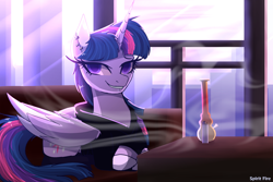 Size: 2400x1600 | Tagged: safe, artist:spirit-fire360, character:twilight sparkle, character:twilight sparkle (alicorn), species:alicorn, species:pony, bong, clothing, drugs, ear piercing, female, grin, high, highlight sparkle, lighter, mare, piercing, redraw, smiling, smoking, solo, stoned, stoner twilight