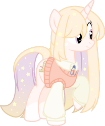 Size: 815x980 | Tagged: safe, artist:kinkydoodle, artist:kojibiose, oc, oc only, oc:glistening stars, species:pony, species:unicorn, clothing, cutie mark, scroll, simple background, solo, sweater, transparent background, white hooves