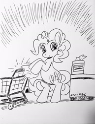 Size: 1584x2048 | Tagged: safe, artist:debmervin, character:pinkie pie, species:earth pony, species:pony, black and white, cleaning, female, grayscale, mare, monochrome, paper, safety, sanitizing wipes, shopping cart, simple background, smiling, solo, traditional art, white background