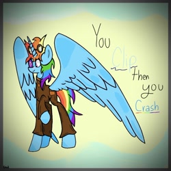 Size: 828x827 | Tagged: safe, artist:kittycatrittycat, base used, character:rainbow dash, species:alicorn, species:pony, comic:you clip then you crash, alicornified, alternate universe, clothing, female, galaxy eye, goggles, lost eye, missing eye, pocket, race swap, rainbowcorn, scar, solo