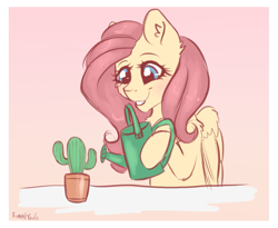 Size: 1085x890 | Tagged: safe, artist:fanaticpanda, character:fluttershy, species:pegasus, species:pony, cactus, cute, ear fluff, female, hoof hold, mare, potted plant, shyabetes, smiling, solo, watering can