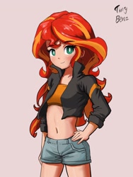 Size: 1536x2048 | Tagged: safe, artist:tinybenz, character:sunset shimmer, species:human, my little pony:equestria girls, belly button, clothing, cute, denim shorts, female, hand on hip, jacket, looking at you, midriff, sexy, shimmerbetes, shorts, signature, simple background, solo, teenager, thighs, tomboy, tube top