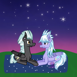 Size: 768x768 | Tagged: safe, artist:commandereclipse, character:cloudchaser, character:thunderlane, species:pegasus, species:pony, ship:thunderchaser, blanket, date, female, male, mare, night, shipping, stallion, stars, straight
