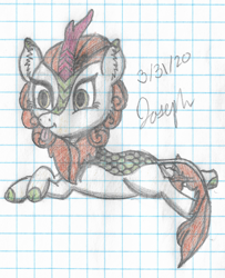Size: 1916x2359 | Tagged: safe, artist:mlplayer dudez, character:autumn blaze, species:kirin, cel shading, cheek fluff, colored, crossed legs, ear fluff, female, graph paper, lying down, prone, shading, signature, solo, tail wrap, tongue out, traditional art