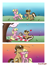 Size: 2543x3496 | Tagged: safe, artist:rosexknight, oc, oc:short fry, oc:whip up, species:earth pony, species:pony, species:unicorn, comic:cherry bomb, basket, cherry blossoms, chubby, comic, cup, descriptive noise, female, flower, flower blossom, food, grass, heart, laughing, lidded eyes, male, one eye closed, outdoors, picnic, picnic basket, picnic blanket, plate, sandwich, size difference, straw, sunset, tree, whort