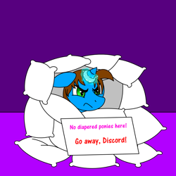 Size: 1000x1000 | Tagged: safe, artist:neoryan2, oc, oc only, oc:mindset, species:pony, species:unicorn, angry, implied diaper, magic suppression, pillow, pillow pile