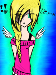 Size: 432x576 | Tagged: safe, artist:prismicdiamondart, oc, oc only, oc:diamond, species:human, abstract background, braid, clothing, female, floating wings, humanized, solo, story included, winged humanization, wings