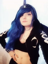Size: 2448x3264 | Tagged: safe, artist:evescintilla, character:princess luna, species:human, clothing, cosplay, costume, diadem, hoodie, humanized, irl, irl human, jewelry, necklace, photo, solo