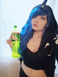 Size: 2448x3264 | Tagged: safe, artist:evescintilla, character:princess luna, species:human, bra, breasts, cleavage, clothing, cosplay, costume, crop top bra, curvy, hood, hoodie, irl, irl human, jewelry, mlg, mountain dew, necklace, photo, piercing, underwear