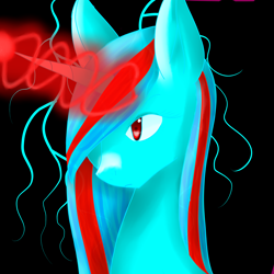 Size: 8000x8000 | Tagged: safe, artist:prismicdiamondart, oc, oc only, species:pony, species:unicorn, black background, bust, female, glowing horn, hair over one eye, horn, mare, simple background, solo, speedpaint available, unicorn oc