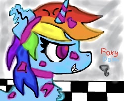 Size: 1010x828 | Tagged: safe, artist:kittycatrittycat, character:rainbow dash, species:alicorn, species:pony, 1000 hours in ms paint, alicornified, crossover, eww, five nights at freddy's, foxy, old picture, race swap, rainbowcorn, sharp teeth, species swap, teeth, torn ear