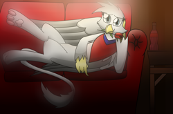 Size: 2650x1750 | Tagged: safe, artist:somber, oc, oc only, oc:snow, species:griffon, bandana, clothing, couch, cute, end table, female, flower, flower in mouth, griffon oc, looking at you, mouth hold, nuka cola, posing for photo, romantic, rose, rose in mouth, sexy, solo, sparkle cola