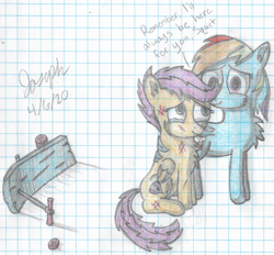 Size: 3496x3244 | Tagged: safe, artist:mlplayer dudez, character:rainbow dash, character:scootaloo, species:pegasus, species:pony, cel shading, cheek fluff, chest fluff, colored, comforting, crying, cutie mark, dialogue, duo, ear fluff, female, folded wings, graph paper, hug, injured, lined paper, mare, scootalove, scooter, shading, siblings, signature, sisters, smiling, tail wrap, traditional art, winghug, wings