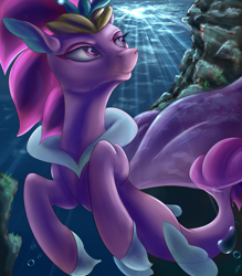 Size: 1750x2000 | Tagged: safe, artist:com3tfire, character:queen novo, species:seapony (g4), my little pony: the movie (2017), bubble, clothing, coral, crown, eyelashes, female, fins, fish tail, jewelry, ocean, purple eyes, regalia, rock, see-through, solo, sunlight, swimming, tail, underwater, water, wings