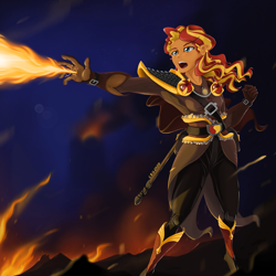 Size: 2048x2048 | Tagged: safe, artist:qzygugu, character:sunset shimmer, my little pony:equestria girls, blast, clothing, female, fiery shimmer, fire, magic, magic blast, open mouth, solo