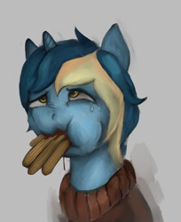 Size: 603x740 | Tagged: safe, artist:jellymaggot, oc, oc:closed book, species:pony, species:unicorn, /mlp/, 4chan, bust, churros, clothing, drawthread, food, gentlemen, simple background, solo, sweater, teary eyes