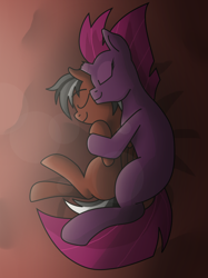 Size: 2010x2688 | Tagged: safe, artist:somber, character:tempest shadow, oc, species:pegasus, species:pony, species:unicorn, bed, canon x oc, cuddling, duo, female, hug, light, male, mare, shadow, sleeping, spooning, stallion