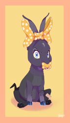 Size: 794x1385 | Tagged: safe, artist:qatsby, oc, oc only, oc:persephone, parent:discord, parent:twilight sparkle, parents:discolight, species:draconequus, baby, bow, cloven hooves, hybrid, interspecies offspring, looking at you, offspring, pacifier, simple background, sitting, solo, yellow background