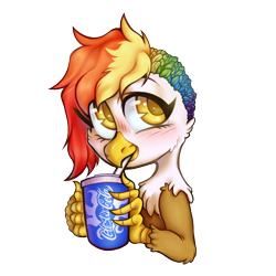 Size: 932x932 | Tagged: safe, artist:occultusion, oc, oc only, oc:rainbow feather, parent:gilda, parent:rainbow dash, parents:gildash, species:griffon, species:hippogriff, blushing, braid, celestia cola, drink, interspecies offspring, magical lesbian spawn, offspring, simple background, soda, solo, straw, transparent background, ych result