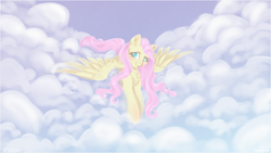 Size: 1920x1080 | Tagged: safe, artist:fanaticpanda, character:fluttershy, species:pegasus, species:pony, chest fluff, cloud, colored pupils, cute, ear fluff, female, flying, leg fluff, mare, shyabetes, sky, solo, spread wings, wings