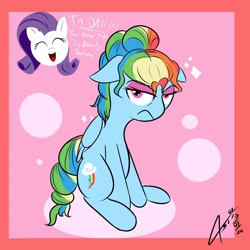 Size: 1900x1900 | Tagged: safe, artist:asajiopie01, character:rainbow dash, character:rarity, species:pegasus, species:pony, species:unicorn, alternate hairstyle, and then there's rarity, darling, eyeshadow, forced makeover, lost bet, makeup, missing horn, unamused