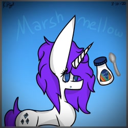 Size: 828x824 | Tagged: safe, artist:kittycatrittycat, character:rarity, species:pony, species:unicorn, cute, cutie mark, drool, faded background, female, food, impossibly large ears, jet-puff, marshmallow, missing body part, raribetes, rarity is a marshmallow, solo, spoon