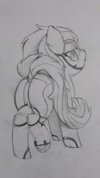 Size: 2322x4128 | Tagged: safe, artist:foxtrot3, oc, oc:tech savvy, species:earth pony, species:pony, bodysuit, butt, dock, frog (hoof), looking at you, looking back, looking back at you, pencil drawing, plot, traditional art, underhoof