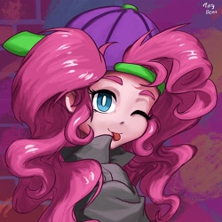 Size: 2048x2048 | Tagged: safe, artist:tinybenz, character:pinkie pie, equestria girls:dance magic, g4, my little pony: equestria girls, my little pony:equestria girls, spoiler:eqg specials, backwards ballcap, baseball cap, blep, bust, cap, clothing, cute, diapinkes, female, hat, high res, looking at you, mc pinkie, one eye closed, rapper pie, solo, tongue out, wink