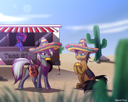 Size: 2500x2000 | Tagged: safe, artist:spirit-fire360, species:earth pony, species:pony, species:unicorn, cactus, clothing, commission, desert, female, food, guitar, hat, male, mare, musical instrument, smiling, sombrero, stallion, taco, trio