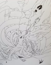 Size: 2742x3457 | Tagged: safe, artist:andrew.a., oc, oc:cathrine of the phantom island, oc:wrath the shapeshifting serpent, species:pony, angry, bone, corpse, face licking, growling, licking, monochrome, open mouth, plant, smelling, tongue out, traditional art, transformation, tree
