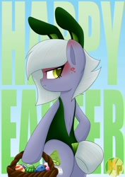 Size: 1024x1449 | Tagged: safe, artist:mimicproductions, character:limestone pie, species:earth pony, species:pony, angry, backless, basket, bipedal, blushing, bunny ears, bunny suit, clothing, cross-popping veins, cute, ear blush, easter, easter basket, easter bunny, easter egg, female, holiday, hoof hold, hoof on hip, limabetes, limetsun pie, mare, profile, solo, tail bun, tsundere