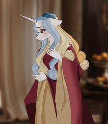 Size: 3500x4000 | Tagged: safe, artist:herfaithfulstudent, oc, oc:lannister, species:anthro, species:pony, species:unicorn, clothing, dress, female, gown, ring, solo