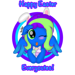 Size: 1060x1060 | Tagged: safe, artist:xxxdavid09xxx, oc, oc only, oc:blazey, oc:novastar blaze, species:pegasus, species:pony, bunny ears, cute, easter, easter egg, female, folded wings, holiday, mare, one eye closed, pegasus oc, ribbon, signature, simple background, solo, sticking tongue out, text, tongue out, transparent background, wings, wink, winking at you