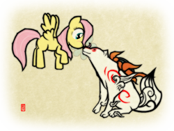 Size: 2000x1500 | Tagged: safe, artist:bluesparkks, character:fluttershy, species:pegasus, species:pony, amaterasu, blushing, boop, crossover, eye contact, female, filly, flying, looking at each other, noseboop, nuzzling, okami, sitting, smiling, younger