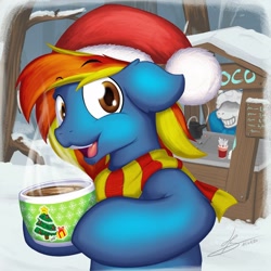 Size: 1600x1600 | Tagged: safe, artist:hardlugia, oc, oc:phil, species:pegasus, species:pony, bowl, chocolate, christmas, clothing, food, hat, holiday, hot chocolate, looking at you, sans (undertale), santa hat, scarf, snow, solo focus, stand, steam, undertale, winter