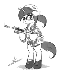 Size: 1110x1260 | Tagged: safe, artist:hardlugia, oc, oc:elena o'riley, species:pony, species:unicorn, arm hooves, beret, boots, camouflage, clothing, glasses, hat, looking at you, m16 w/m203 grenade launcher, ponytail, semi-anthro, shoes, sketch, soldier, solo, weapon