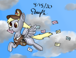 Size: 6100x4670 | Tagged: safe, artist:mlplayer dudez, character:derpy hooves, species:pegasus, species:pony, cheek fluff, chest fluff, clothing, cloud, cute, derpabetes, digital art, ear fluff, female, flying, hat, letter, mail, mailmare, mouth hold, shading, signature, sky, solo, uniform