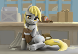 Size: 2544x1780 | Tagged: safe, artist:odooee, character:derpy hooves, species:pegasus, species:pony, g4, clothing, cute, derpabetes, female, frog (hoof), letter, looking at you, mailmare, mailmare uniform, mare, package, post office, sitting, smiling, solo, underhoof
