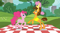 Size: 1193x670 | Tagged: safe, artist:varwing, character:cheese sandwich, character:li'l cheese, character:pinkie pie, species:pony, ship:cheesepie, episode:the last problem, g4, my little pony: friendship is magic, family, female, male, picnic blanket, rearing, shipping, straight, tree