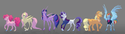 Size: 7720x2104 | Tagged: safe, artist:varwing, character:applejack, character:fluttershy, character:pinkie pie, character:rainbow dash, character:rarity, character:twilight sparkle, character:twilight sparkle (alicorn), species:alicorn, species:pony, episode:the last problem, g4, my little pony: friendship is magic, absurd resolution, clothing, dock, glasses, mane six, older, older applejack, older fluttershy, older mane six, older pinkie pie, older rainbow dash, older rarity, older twilight, realistic horse legs, redesign, spread wings, wings