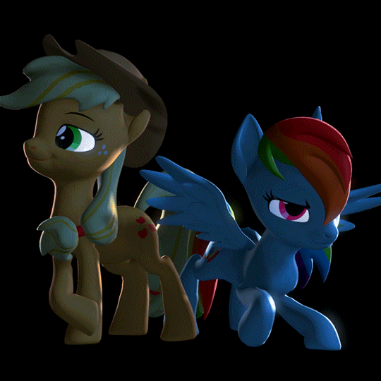 Size: 540x540 | Tagged: safe, artist:psfmer, character:applejack, character:rainbow dash, species:earth pony, species:pegasus, species:pony, 3d, animated, applejack's hat, black background, blinking, breeze, clothing, cowboy hat, crossed legs, eyebrows, female, gif, hat, looking at something, looking in the distance, ready to fight, simple background, smiling, source filmmaker, wind, wings