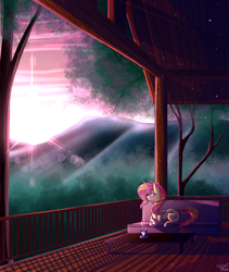 Size: 1600x1900 | Tagged: safe, artist:spirit-fire360, character:sunset shimmer, species:pony, species:unicorn, cup, female, fence, looking at each other, peaceful, relaxing, solo, sunset, tree, wood