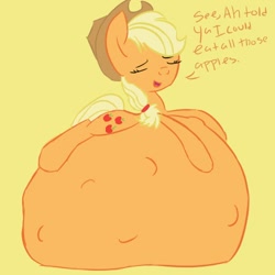 Size: 500x500 | Tagged: safe, artist:pony pudge, character:applejack, apple, belly, belly bed, food baby, immobile, impossibly large belly, stuffing, weight gain